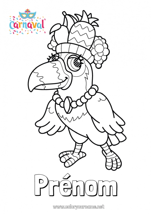 Coloriage à imprimer Oiseau Animal Carnaval Perroquet Brésil Oiseaux et mammifères volants