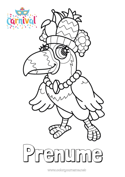 Pagină de colorat de imprimat Pasăre Animal Carnaval Papagal Brazilia Păsări și mamifere zburătoare