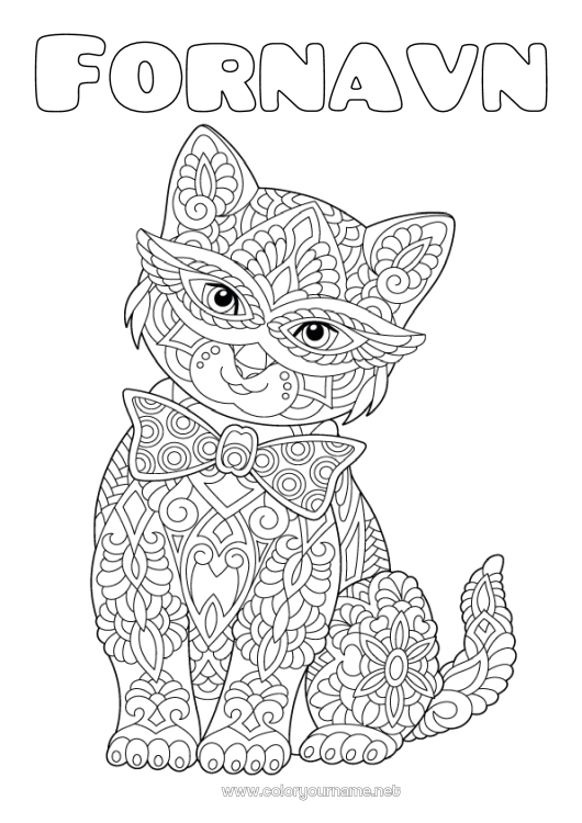 Fargeleggingssiden til utskrift Katt Mandala Dyr Karneval Komplekse fargelegginger Hunder og katter