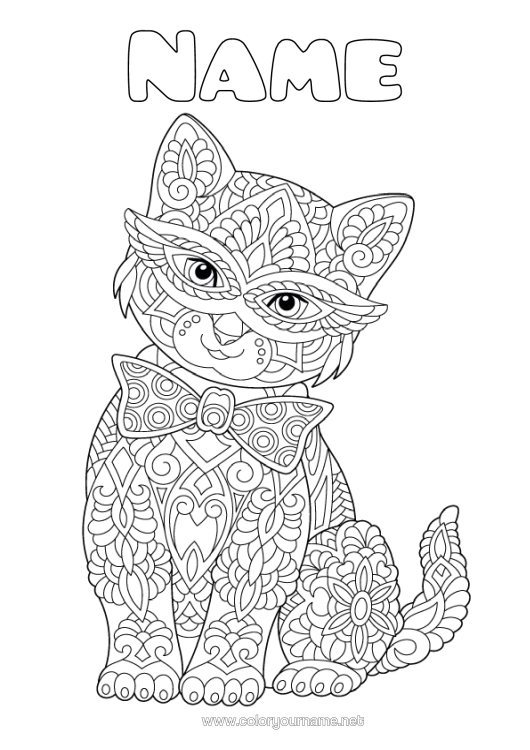 Colouring page to print Cat Mandala Animal Carnival Complex Colouring Pages Dogs And Cats Bow Tie