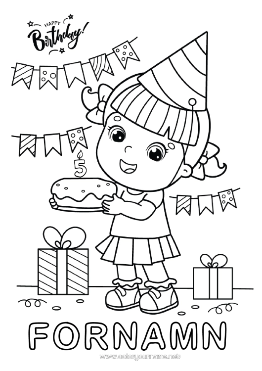 Färgläggningssida att skriva ut Ljus Kaka Gåvor Födelsedag Fest Flicka Mellannivå färgläggningar Grattis på födelsedagen! Anpassningsbar ålder att fira