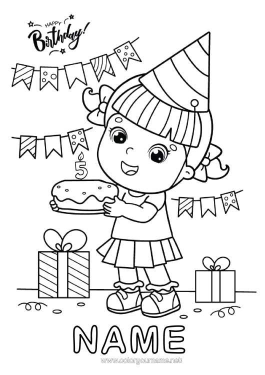 Colouring page to print Candle Cake Gifts Birthday Party Girl Intermediate Colouring Sheets Happy Birthday Message Customisable Age Celebrated