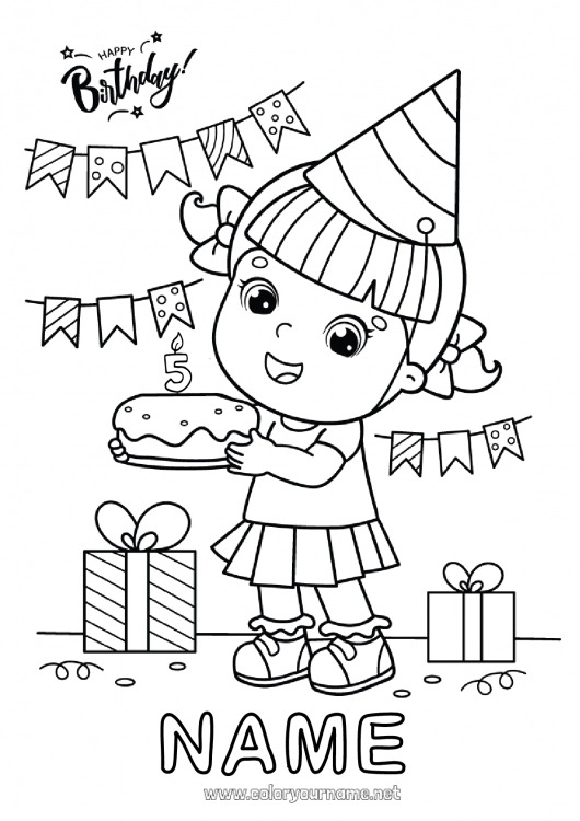 Coloring page to print Candle Cake Gifts Birthday Party Girl Intermediate coloring pages Happy Birthday (English) Message Customizable age