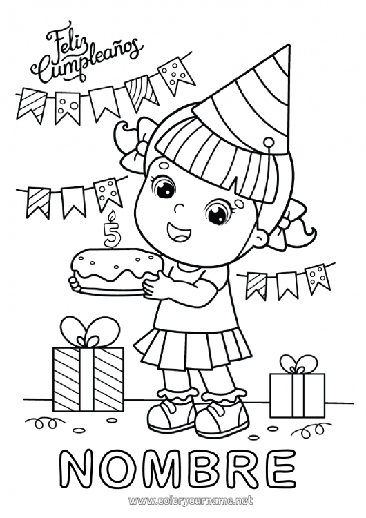 Dibujo para colorear para imprimir Vela Tarta Regalos Cumpleaños Fiesta Chica Dibujos intermedios para colorear Mensaje de feliz cumpleaños (inglés) Edad personalizable