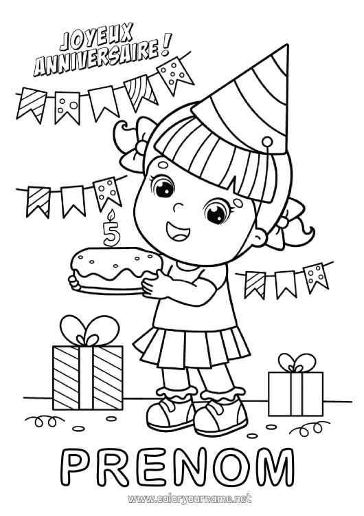 Coloriage à imprimer Bougie Gâteau Cadeaux Anniversaire Fête Fille Coloriages intermédiaires Joyeux anniversaire (français) Message Age fêté personnalisable