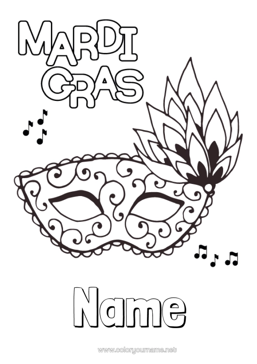 Colouring page to print Mask Carnival Mardi Gras