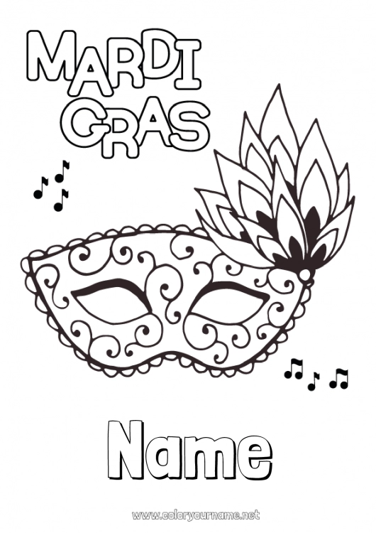 Coloring page to print Mask Carnival Shrove Tuesday