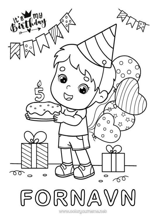 Fargeleggingssiden til utskrift Lys Kake Gaver Bursdag Ballonger Fest Gutt Mellomliggende fargelegginger Gratulerer med dagen! Tilpasset bursdag alder