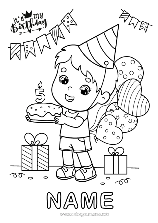 Colouring page to print Candle Cake Gifts Birthday Balloons Party Boy Intermediate Colouring Sheets Happy Birthday Message Customisable Age Celebrated