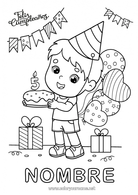 Dibujo para colorear para imprimir Vela Tarta Regalos Cumpleaños Globos Fiesta Chico Dibujos intermedios para colorear Mensaje de feliz cumpleaños (inglés) Edad personalizable