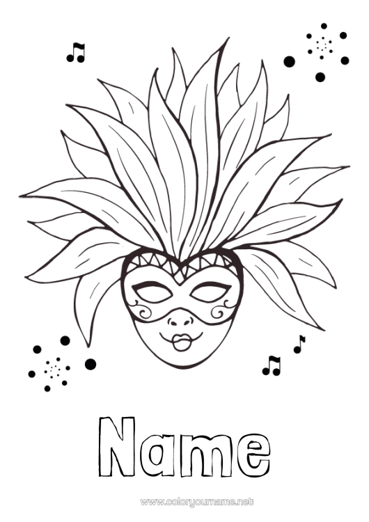Colouring page to print Mask Carnival Mardi Gras