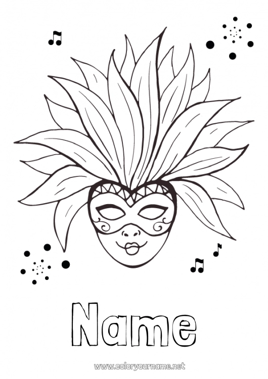 Coloring page to print Mask Carnival Shrove Tuesday