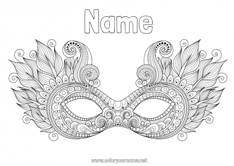 Coloring page to print Mask Mandala Carnival Shrove Tuesday