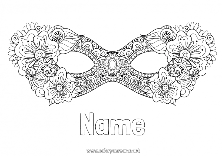 Coloring page to print Mask Flowers Carnival Shrove Tuesday