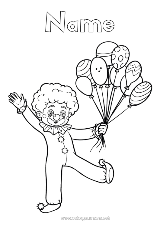 Colouring page to print Disguise Birthday Balloons Clown Carnival Mardi Gras Circus