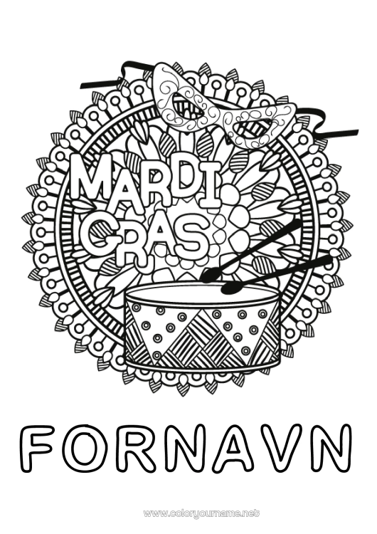 Farvelægningssiden til udskrivning Mandala Carnival Fastelavn