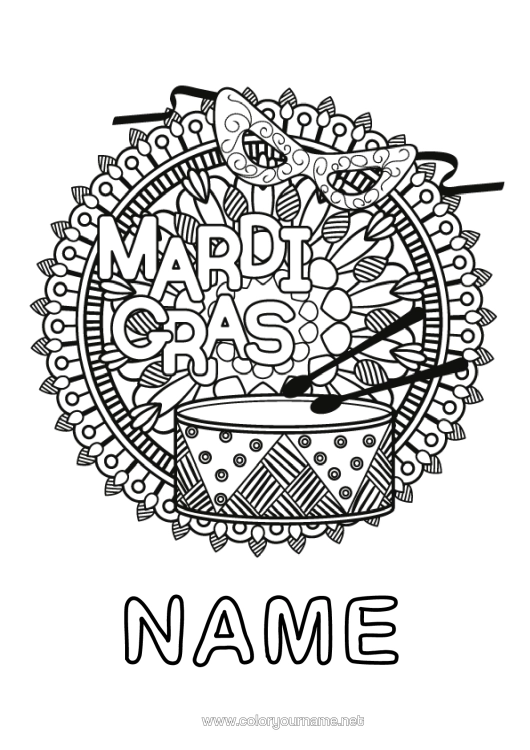 Colouring page to print Mandala Carnival Mardi Gras