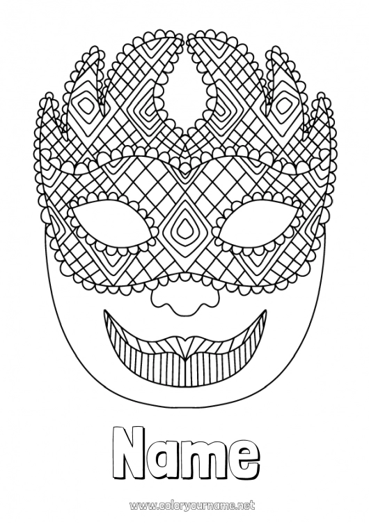 Coloring page to print Mask Carnival Shrove Tuesday