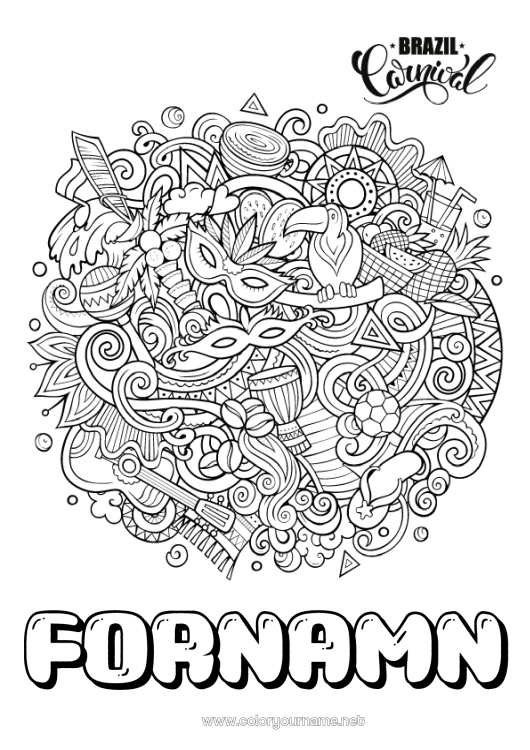Färgläggningssida att skriva ut Mandala Karneval Fettisdagen Geografi Komplexa målarbilder Land Brasilien Gitarr Maracas Musikinstrumenter