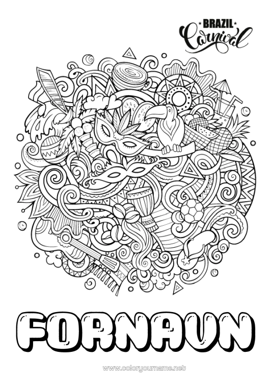Farvelægningssiden til udskrivning Mandala Carnival Fastelavn Geografi Komplekse farvelægninger Land Brasilien Guitar Maracas Musikinstrumenter