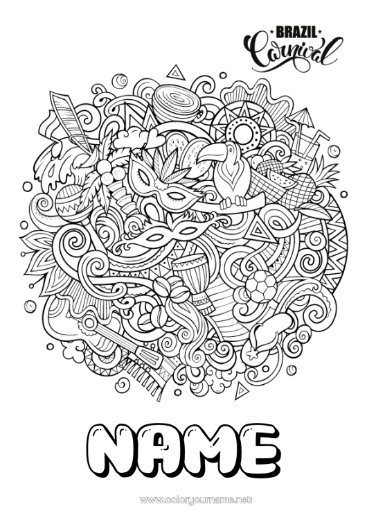 Colouring page to print Mandala Carnival Mardi Gras Geography Complex Colouring Pages Country Brazil Guitar Maracas Musical Instruments