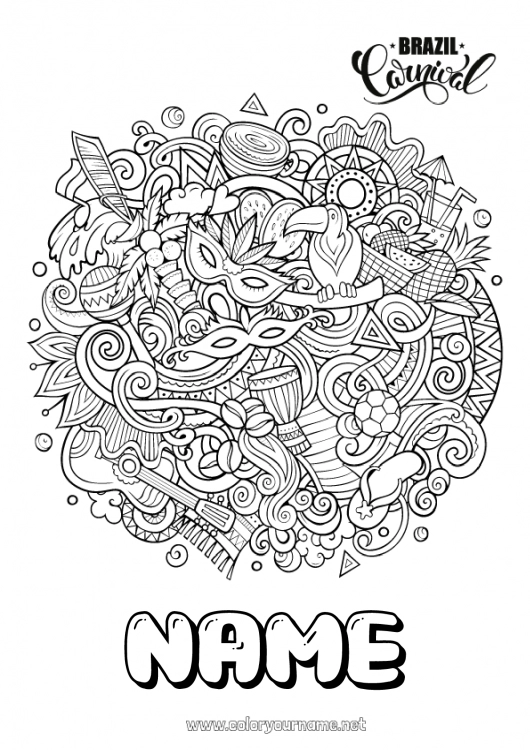 Coloring page to print Mandala Carnival Shrove Tuesday Geography Complex coloring pages Country Brazil Guitar Maracas Musical instruments