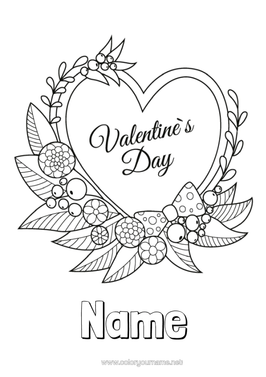 Colouring page to print Heart I Love You. Valentine's Day "Saint Valentine's Day" Message Big Heart