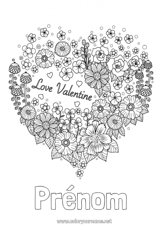 Coloriage à imprimer Fleurs Coeur Je t'aime Saint valentin 