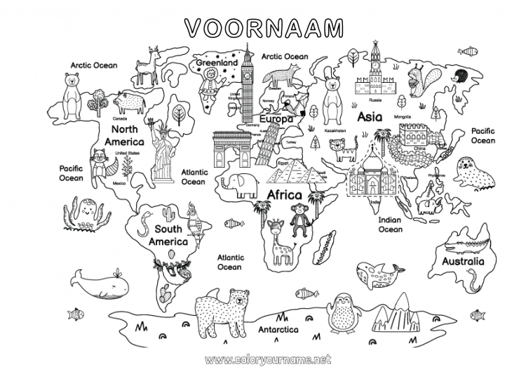 Kleurplaat om af te drukken Geografie Wereldkaart