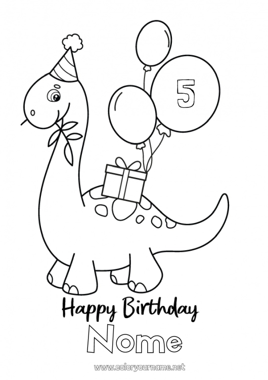 Página de desenho para imprimir Presentes Aniversário Dinossauros Bolas Animal Desenhos para colorir fáceis Feliz aniversário (francês) Mensagem Idade comemorada personalizável