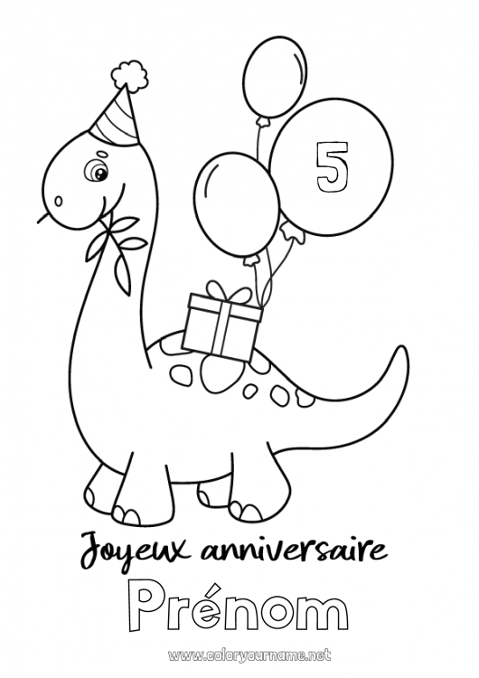 Coloriage à imprimer Cadeaux Anniversaire Dinosaures Ballons Animal Coloriages faciles Joyeux anniversaire (français) Message Age fêté personnalisable