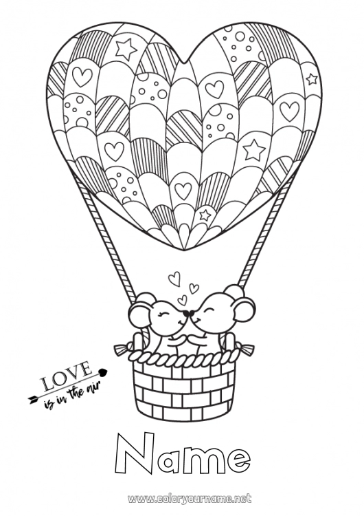 Coloring page to print Heart Mouse I love you Vehicles Animal Valentine's Day Hot air balloon 