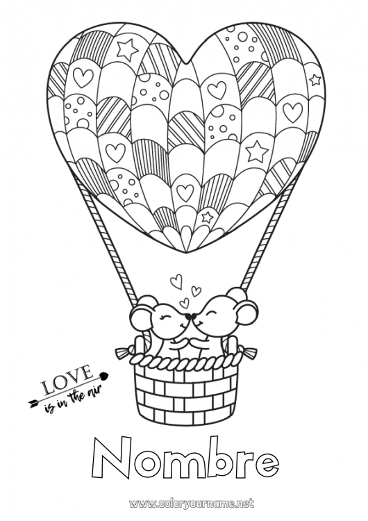 Dibujo para colorear para imprimir Corazón Ratón Te amo Vehículos Animales Día de San Valentín Globo aerostático Inscripción 