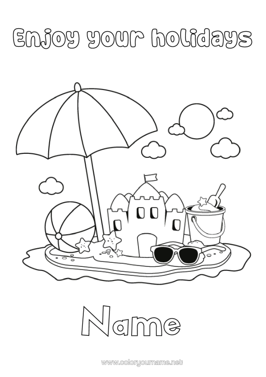 Colouring page to print Holidays Summer Beach Easy Colouring Pages Sandcastle Parasol Sunglasses