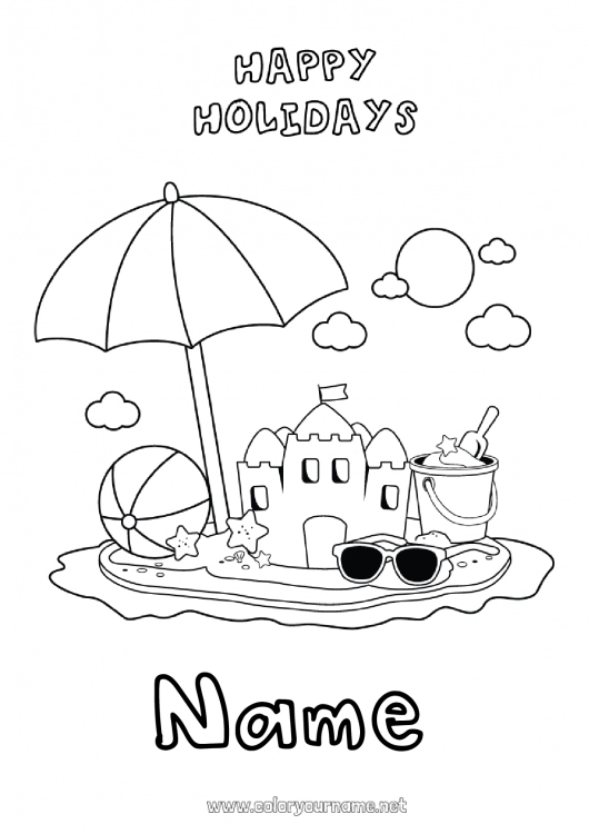 Coloring page to print Holidays Summer Beach Easy coloring pages Sandcastle Parasol, Beach umbrella