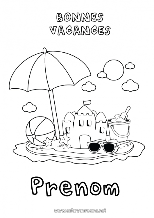 Coloriage à imprimer Vacances Été Plage Coloriages faciles Château de sable Parasol