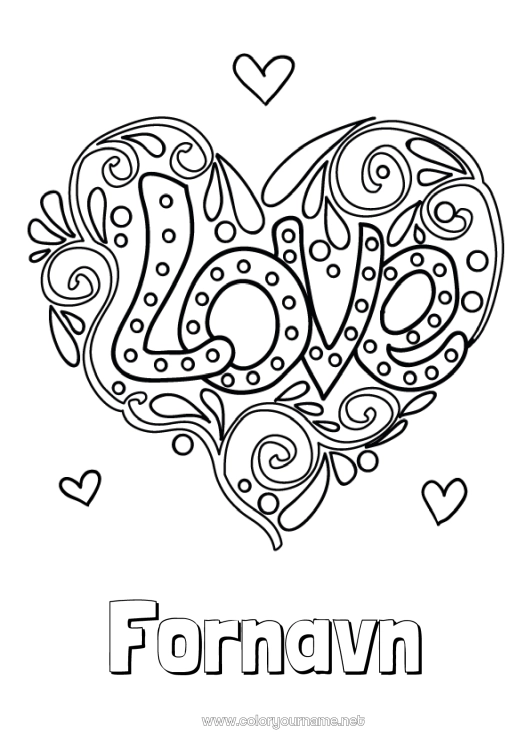 Farvelægningssiden til udskrivning Hjerte Jeg elsker dig. Valentinsdag