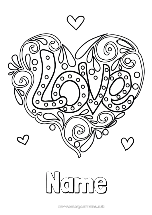 Colouring page to print Heart I Love You. Valentine's Day "Love" Message Big Heart