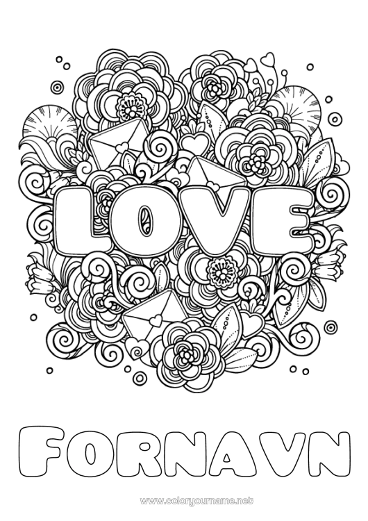 Farvelægningssiden til udskrivning Blomster Mandala Jeg elsker dig. Valentinsdag 