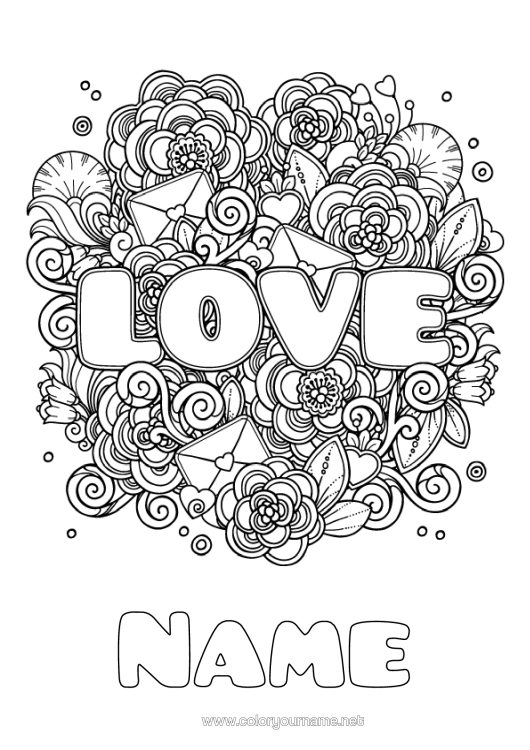 Colouring page to print Flowers Mandala I Love You. Valentine's Day "Love" Message