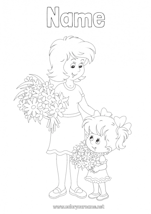 Coloring page to print Flowers Mum Happy feast day ! Girl