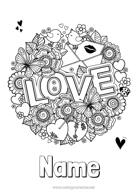Colouring page to print Flowers Heart I Love You. Valentine's Day "Love" Message