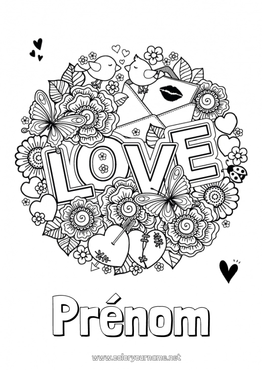 Coloriage à imprimer Fleurs Coeur Je t'aime Saint valentin 