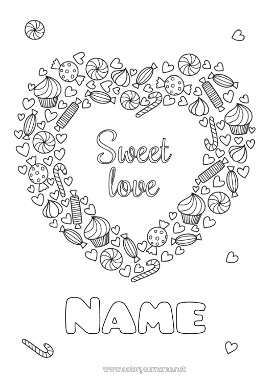 Colouring page to print Sweets Heart I Love You. "Love" Message Big Heart