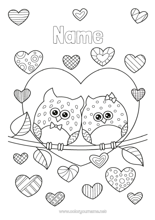 Colouring page to print Heart I Love You. Owl, Tawny Owl Animal Valentine's Day Birds And Flying Mammals