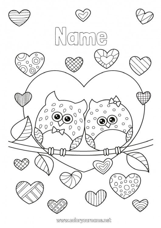 Coloring page to print Heart I love you Owl Animal Valentine's Day Flying birds and mammals