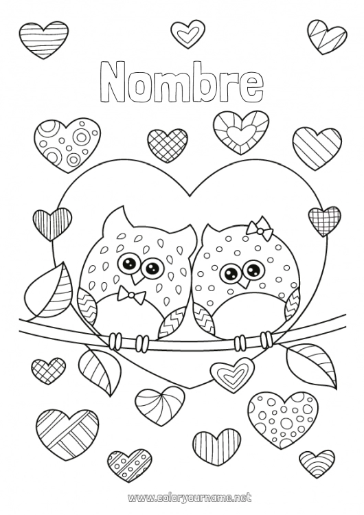 Dibujo para colorear para imprimir Corazón Te amo Búho Animales Día de San Valentín Aves y mamíferos voladores