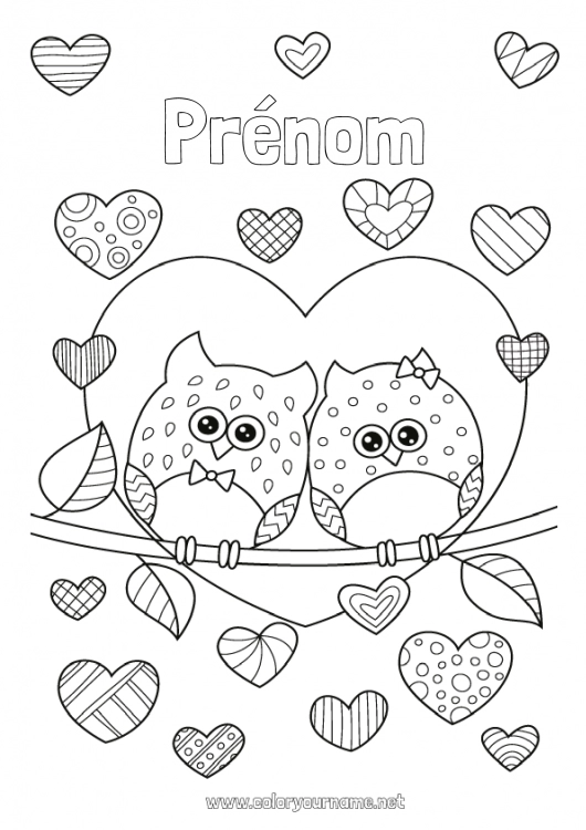 Coloriage à imprimer Coeur Je t'aime Chouette, Hibou Animal Saint valentin Oiseaux et mammifères volants