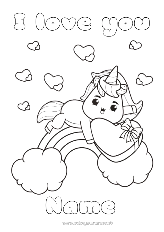 Colouring page to print Cute Mum Unicorn I Love You. Animal Rainbow "I Love You" Dragons, Unicorns, And Fantastical Creatures