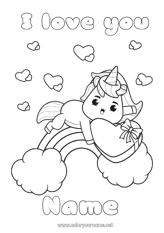 Coloring page to print Cute Mum Unicorn I love you Animal Rainbow 